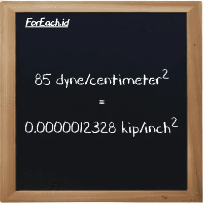 85 dyne/centimeter<sup>2</sup> is equivalent to 0.0000012328 kip/inch<sup>2</sup> (85 dyn/cm<sup>2</sup> is equivalent to 0.0000012328 ksi)